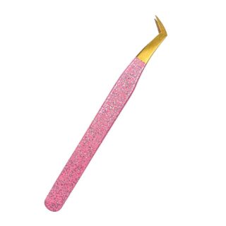 Professional curved eyelash extension tweezers featuring a pink sparkle glitter handle and gold-plated precision tips for volume lash application.